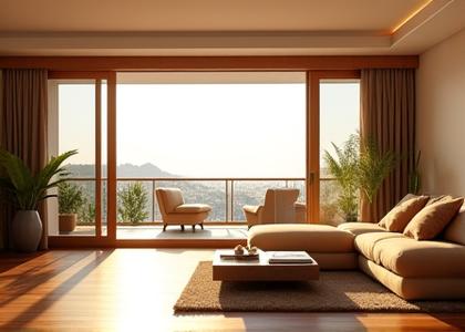 Wide shot of a stylish apartment living room opening to a balcony through a large sliding wooden smart door. The door seamlessly blends into the interior design, showcasing both aesthetic appeal and advanced functionality.